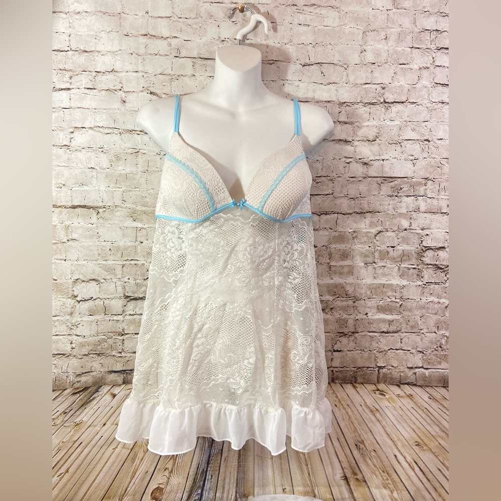 lingerie dress lace Large sz cream white w baby blue baby doll sleepwear GUC 👗